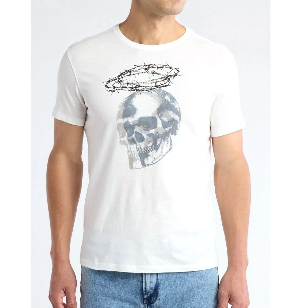 John Varvatos Mens Skull Halo Graphic Crew Tee Shirt Salt White Cotton NWT $98